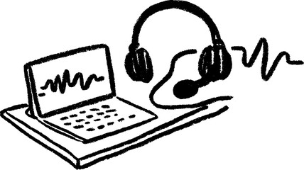 Sketch of a call center workstation with headset for communication and customer support design