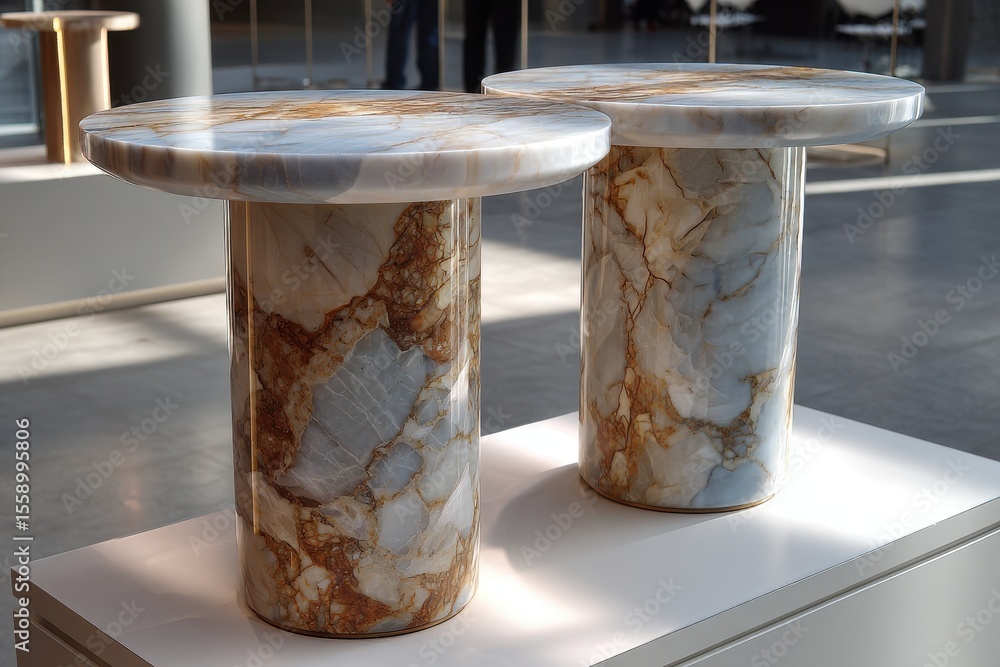 Poster stylish marble tables on display in a contemporary art gallery showcasing elegant design and craftsm