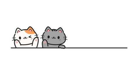 Cute cat waving hand to greeting hand drawn cartoon doodle on white background with copy space