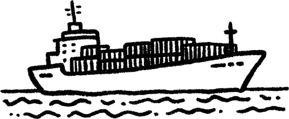 Obraz premium Hand drawn sketch of cargo ship with containers on calm sea for nautical design