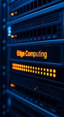 Server rack with glowing orange edge computing display and indicator lights technology data center