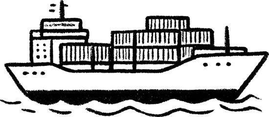 Hand drawn cargo ship on calm sea with containers for nautical design