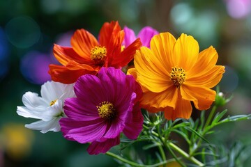 Beautiful bouquet of colorful cosmos flowers in a bright garden setting showcasing nature's vibrant hues and delicate blossoms