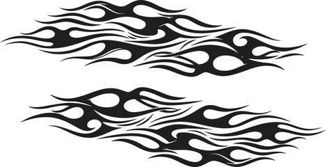 Two tribal flame designs are depicted as abstract patterns, suitable for tattoos or decorative elements isolated on white background
