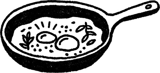 Artistic sketch of cast iron pan with cracked egg and herbs for culinary design