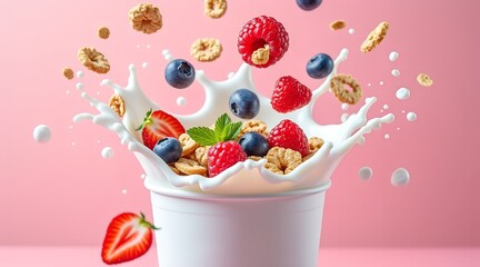 A splash of milk with cereal, raspberries, blueberries and strawberries in a white cup