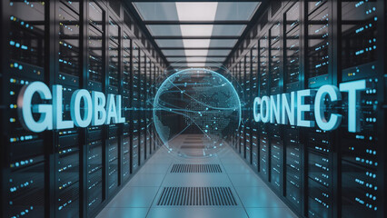 Data center with global connect concept representing worldwide network and technology