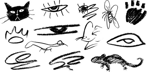 Playful animal and nature doodles featuring cat, bee, and bird in charcoal texture