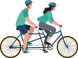 Obraz premium Couple riding tandem bicycle wearing helmets active outdoor cycling exercise healthy lifestyle sport recreation vector illustration