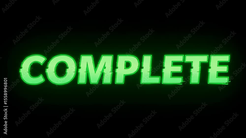 Poster green complete word text with glitch effect. digital graphic element for game result, task finished 