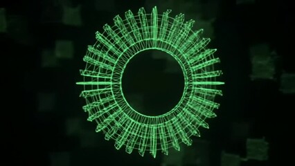 Circular green wireframe digital structure forming rotating radial animation
 - Powered by Adobe