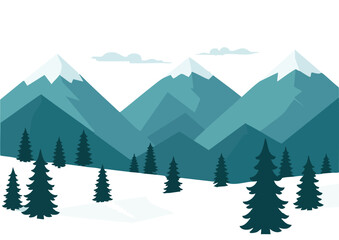 Fototapeta premium Mountain landscape with snow capped peaks and evergreen trees in winter season vector illustration