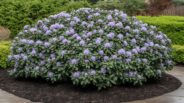 Lush Purple Rhododendron Bush in Garden Landscape