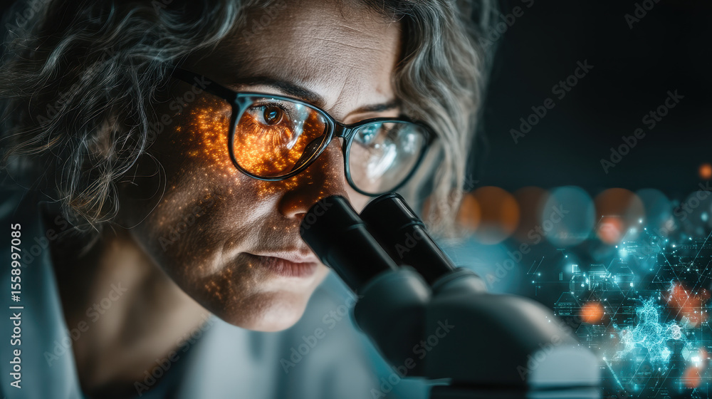Poster female bioengineer analyzes genetic samples in a high-tech laboratory with digital data visualizatio