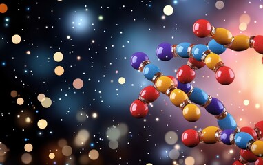 Colorful molecular structure against a dark, bokeh background. The molecule is depicted with bright, glossy spheres connected in a double helix shape. Sparkling lights create a vibrant.