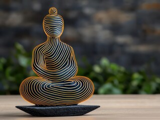 Illuminated black Buddha statue with geometric line patterns, placed on a dark wooden surface. Warm lighting highlights its intricate details against a soft, blurred green background—perfect for theme