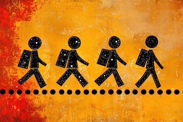 Four stylized stick figures with speckled, starry textures walk in a line, each carrying a backpack, on a dotted path. Set against a vibrant orange and red textured background—ideal for concepts like 