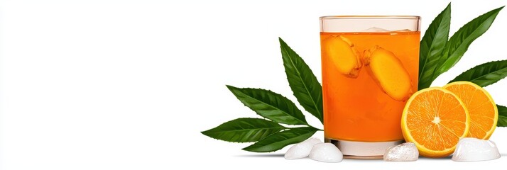 Chilled orange citrus drink in a glass with ice cubes, fresh orange slices, and green leaves. Vibrant orange color pops against a clean white background—perfect for themes of refreshment, summer, and 