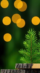 Close up view of a small fir tree sprig on a rustic wooden surface, set against a blurred background of dark green and golden bokeh lights. The image evokes a feeling of warmth and the holiday season.