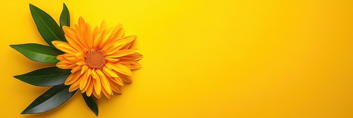 Close up view of a vibrant orange flower with dark green leaves on a solid yellow background. The flower is the main focus, with plenty of copy space to the right. 