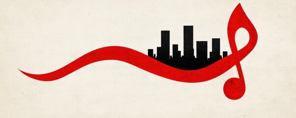 Abstract illustration featuring a red musical note encompassing a cityscape silhouette against a textured off white background. The design is minimalist and uses bold shapes.