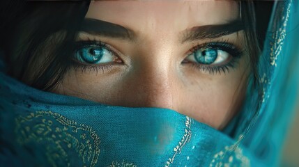 Close-up of attractive woman's eyes, blue tunic, turquoise veil, intense gentle gaze at camera.