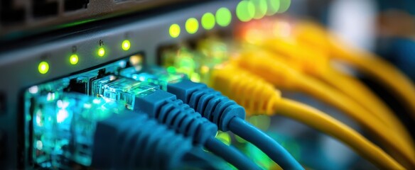 The network cables connecting to a server with glowing indicator lights.