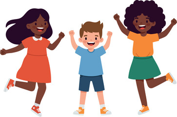 Obraz premium Happy diverse children jumping and smiling playing together in colorful clothes vector illustration joy and friendship concept