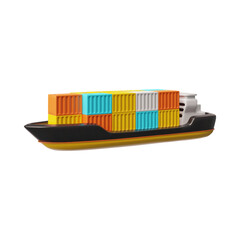 Cargo ship with containers 3D plastic cartoon style vector, sea logistics, realistic ship transportation marine delivery