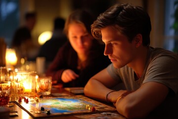 Fototapeta premium Friends gather around a table to enjoy a board game by candlelight in a cozy evening setting