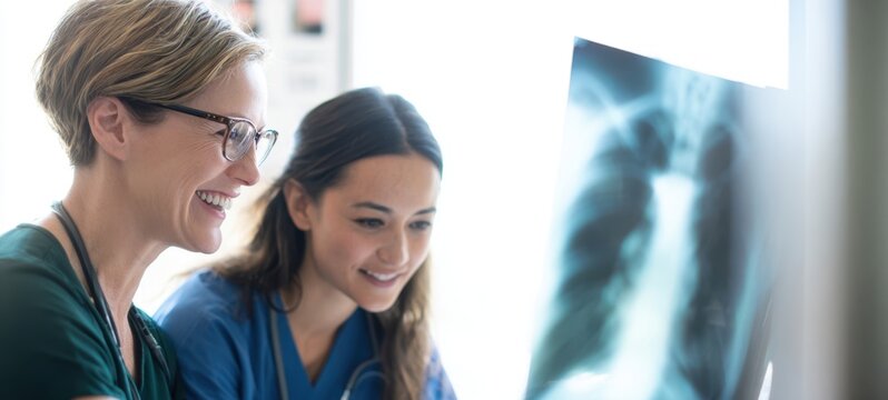 The healthcare professionals analyze an x-ray together with joy and collaboration.
