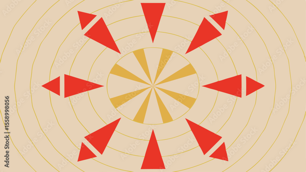 Poster abstract geometric composition featuring radial elements and red triangle arrows suitable for variou