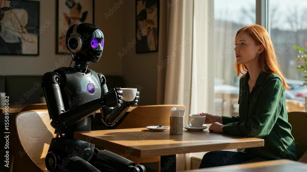 Poster a woman and a robot having coffee at a cafe together. human and ai interaction in a public setting. 