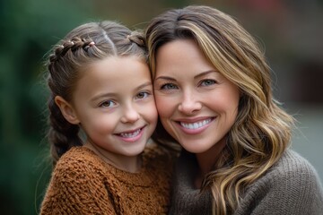 Fototapeta premium Mother and daughter share a joyful moment outdoors in autumn with warm smiles and cozy sweaters