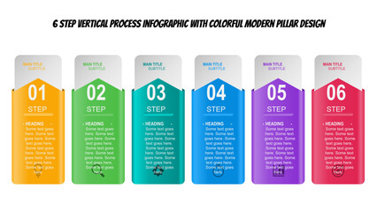 6 Step Vertical Process Infographic with Colorful Modern Pillar Design. Fully editable vector SVG file compatible with PowerPoint, Illustrator, and most vector-based applications.