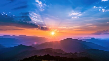 Fiery Sunset Over Snow-Capped Alpine Peaks with Glowing Cloud Layers, Dramatic Mountain Landscape Featuring Golden Hour Light Beams and Majestic Wilderness Panorama