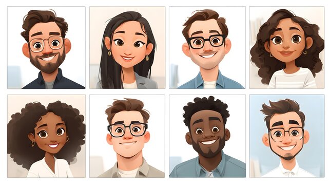 Diverse illustrated portraits of individuals, each with unique expressions and styles, showcasing a range of characters