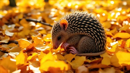Fototapeta premium Tiny Hedgehog Exploring a Vibrant Carpet of Fall Foliage
