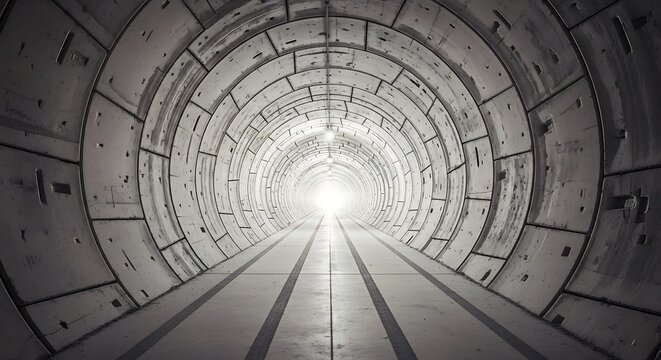 Concrete tunnel perspective with bright light at the end circular