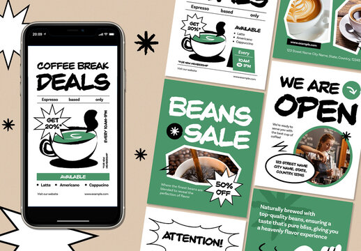 Green Doodle Hand Drawn Coffee Shop Instagram Post and Story Layout