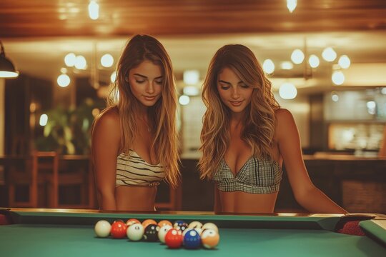 Bikini models playing pool billiards