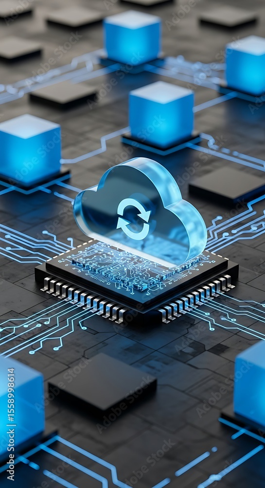 Poster glowing blue cloud symbol on circuit board with interconnected nodes technology cloud computing