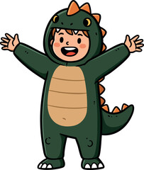 Obraz premium Child wearing green dinosaur costume with happy expression and open arms playful kids outfit vector illustration