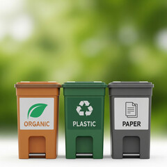 Three Recycling Bins: Organic Plastic and Paper with Foot Pedals.