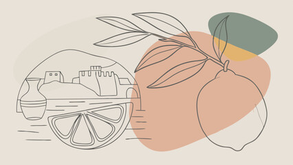Artistic line drawing featuring a lemon and coastal scenery in warm tones.