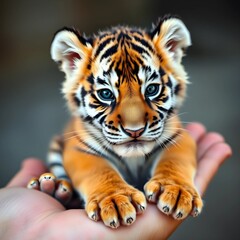Obraz premium A tiny tiger cub resting peacefully in the palm of a human hand, showing its adorable face and paws