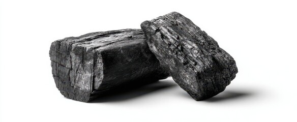 Fototapeta premium The charcoal logs resting on a clean white background showcasing natural texture.