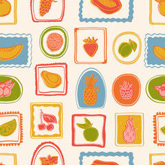Summer fruits doodle hand drawn seamless pattern. Dragon fruit, blueberry, pomelo, pineapple, pineapple, citrus, banana, apple, grape, lemon. Vector illustration.
