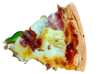 A slice of pizza topped with melted cheese, pineapple, bacon bits, and green bell pepper on a thick...