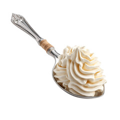 Ornate Silver Spoon with Swirls of Creamy Whipped Topping Captured in High Detail for Culinary and Food Photography Enthusiasts